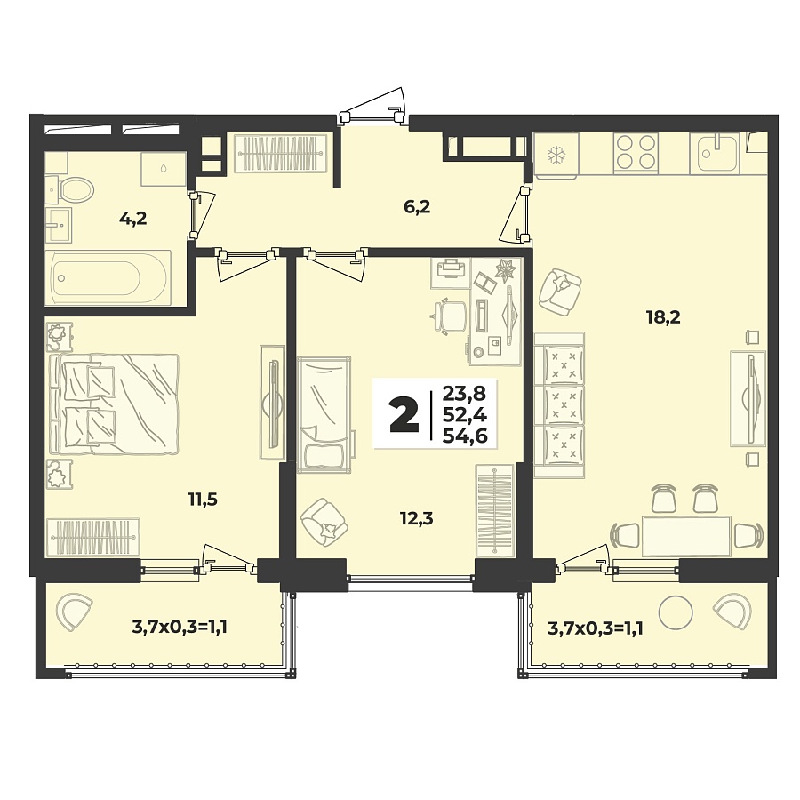 Планировка 2-комнатная, 54.6 м²
