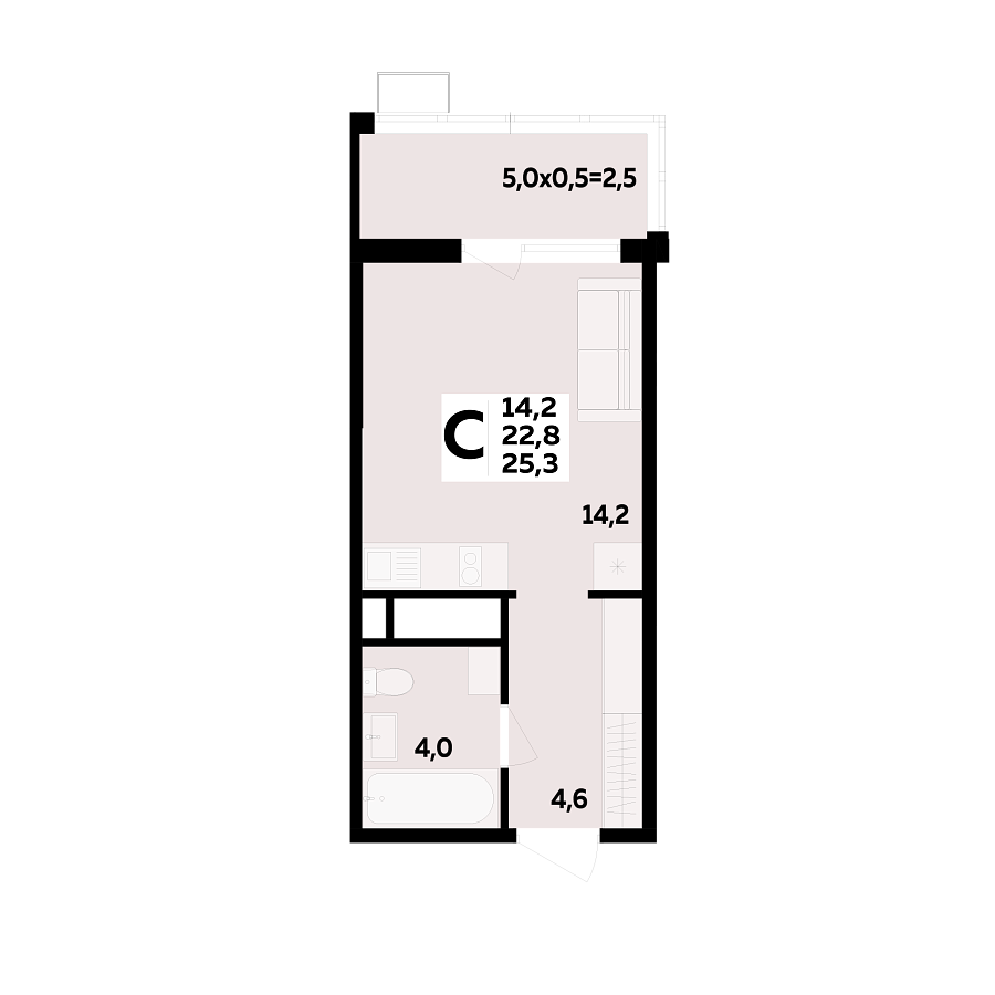 Планировка Студия, 25.3 м²