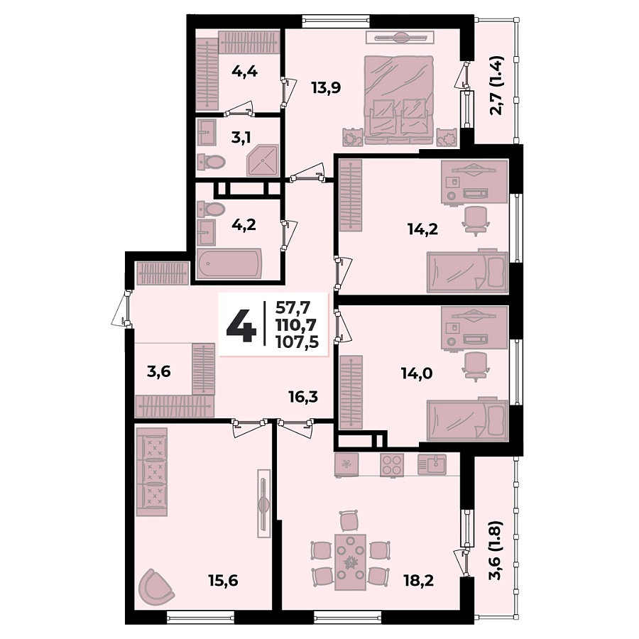 Планировка 4-комнатная, 110.7 м²