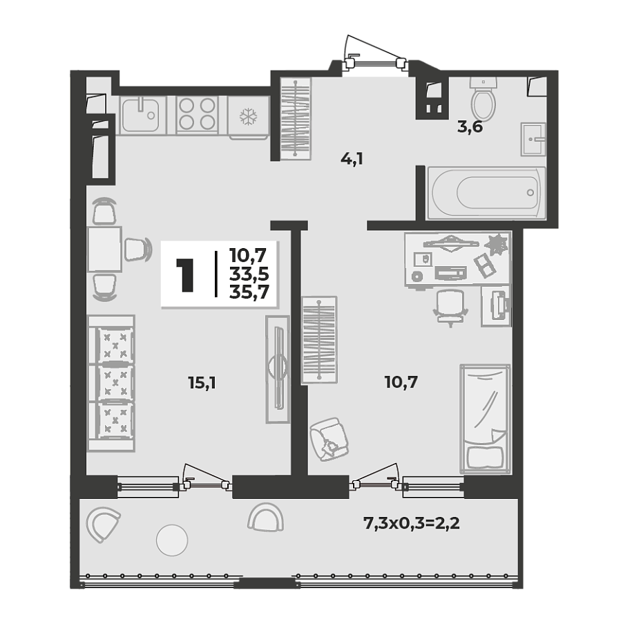 Планировка 1-комнатная, 35.7 м²