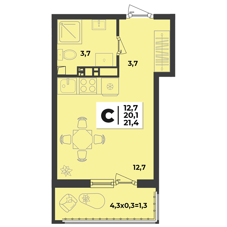 Планировка Студия, 21.4 м²