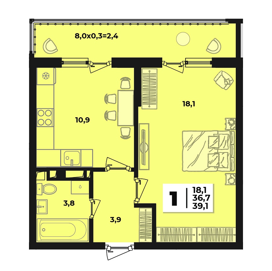 Планировка 1-комнатная, 39.1 м² Планировка 1-комнатная, 39.1 м²