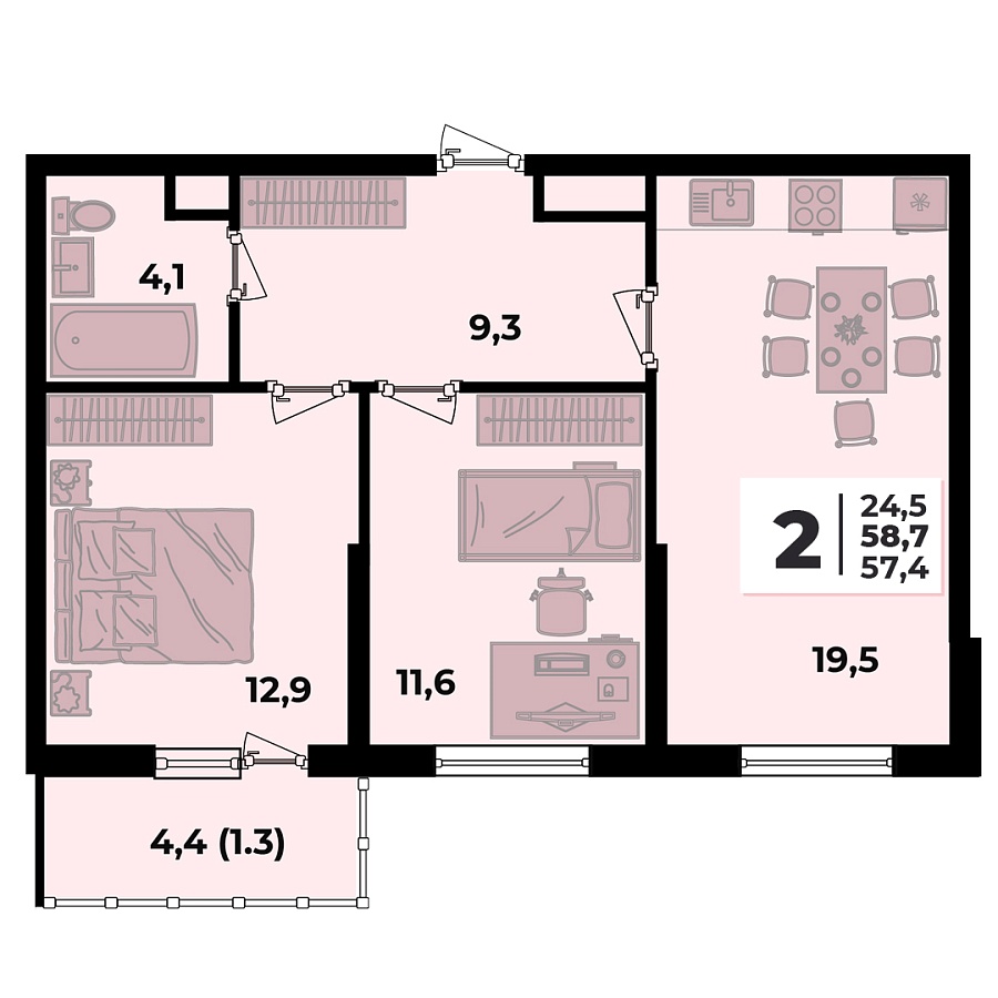 Планировка 2-комнатная, 58.7 м²
