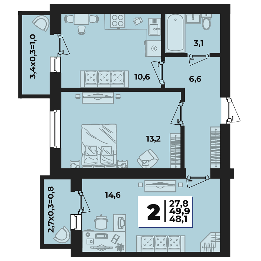 Планировка 2-комнатная, 49.9 м²
