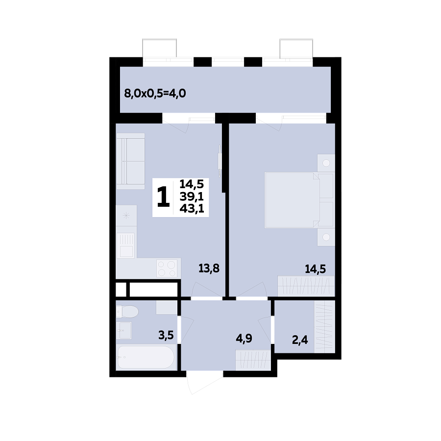 Планировка 1-комнатная, 43.1 м²