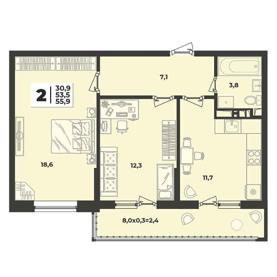 Планировка 2-комнатная, 55.9 м²