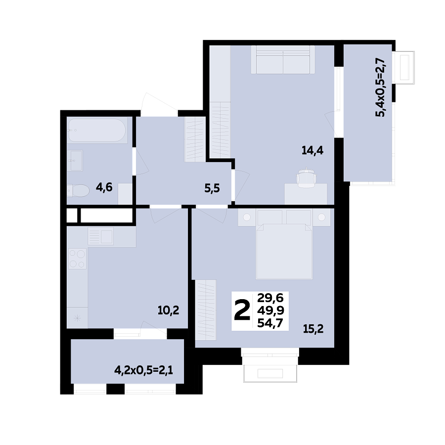 Планировка 2-комнатная, 54.7 м²