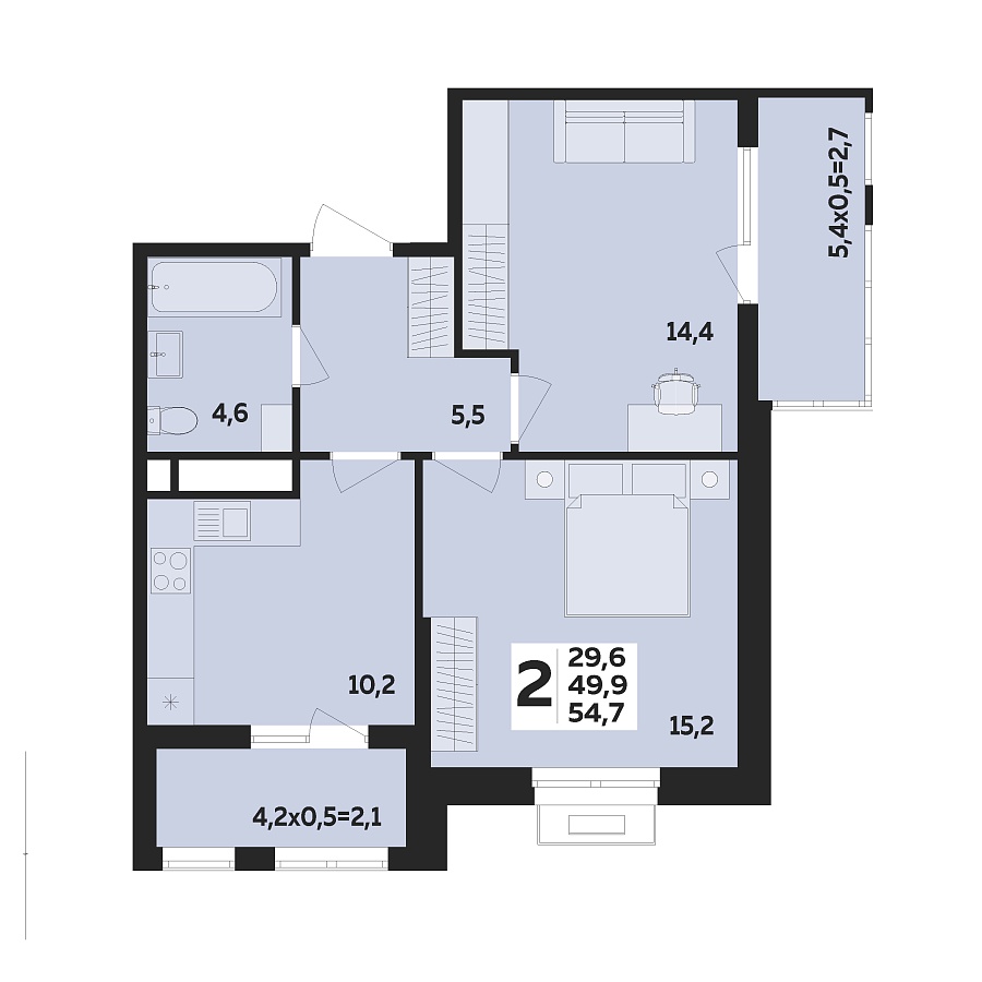 Планировка 2-комнатная, 54.7 м²