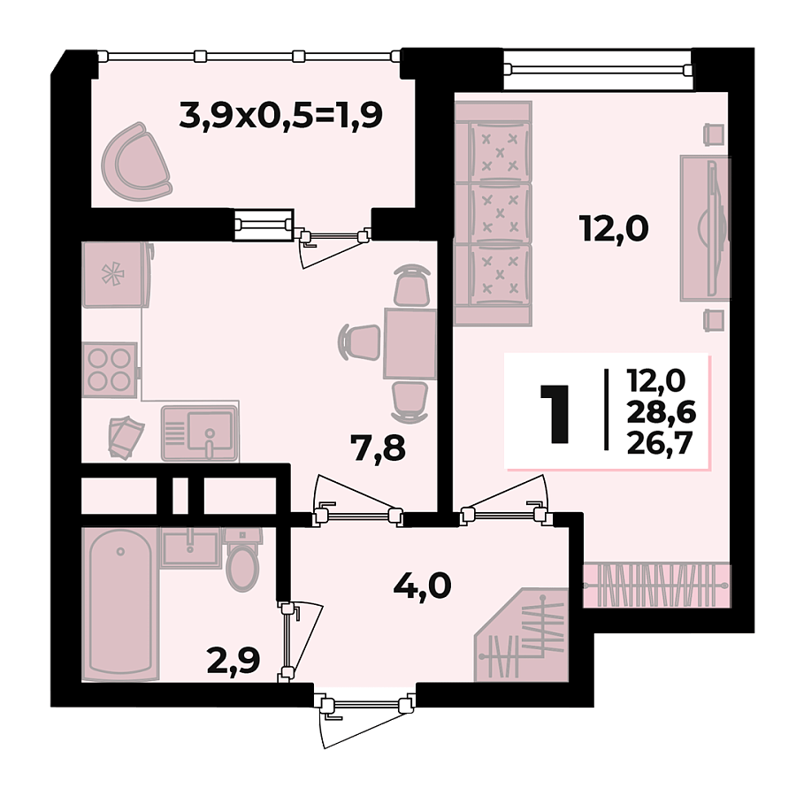 Планировка 1-комнатная, 28.6 м²
