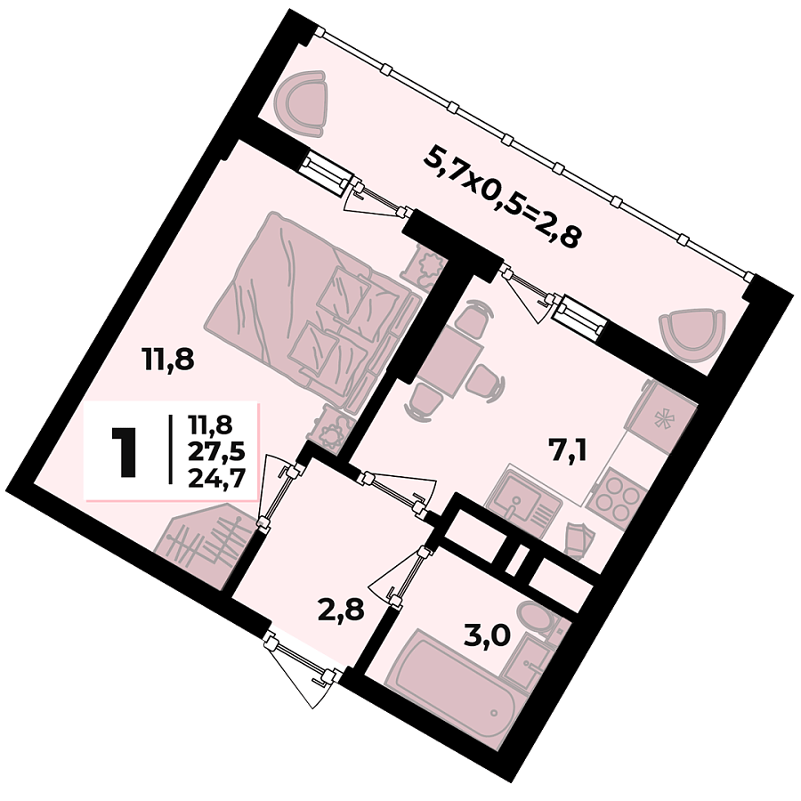 Планировка 1-комнатная, 27.5 м²