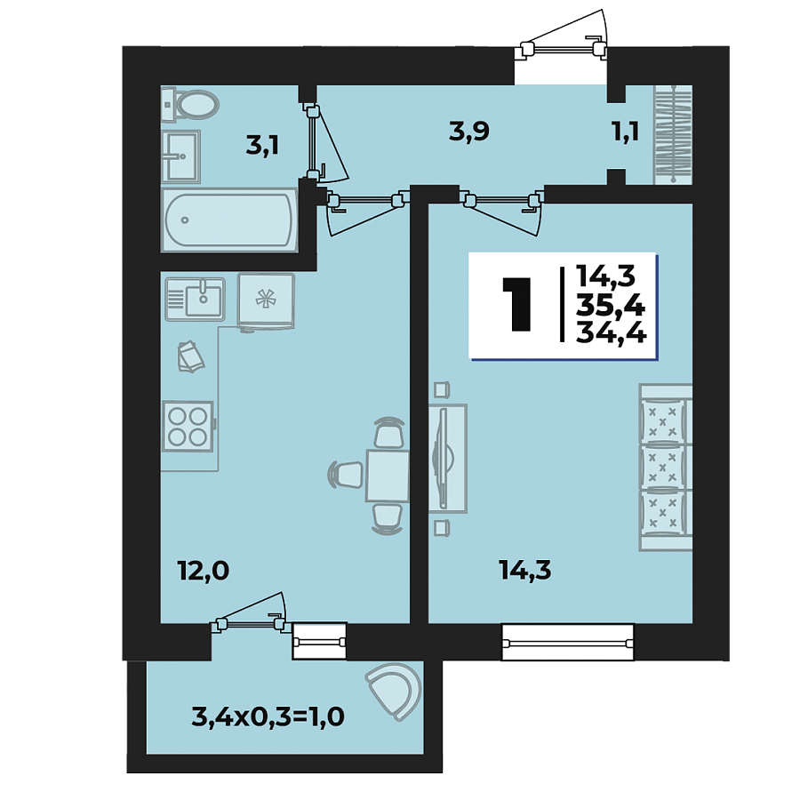 Планировка 1-комнатная, 35.4 м²