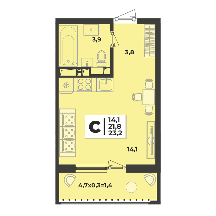 Планировка Студия, 23.1 м²