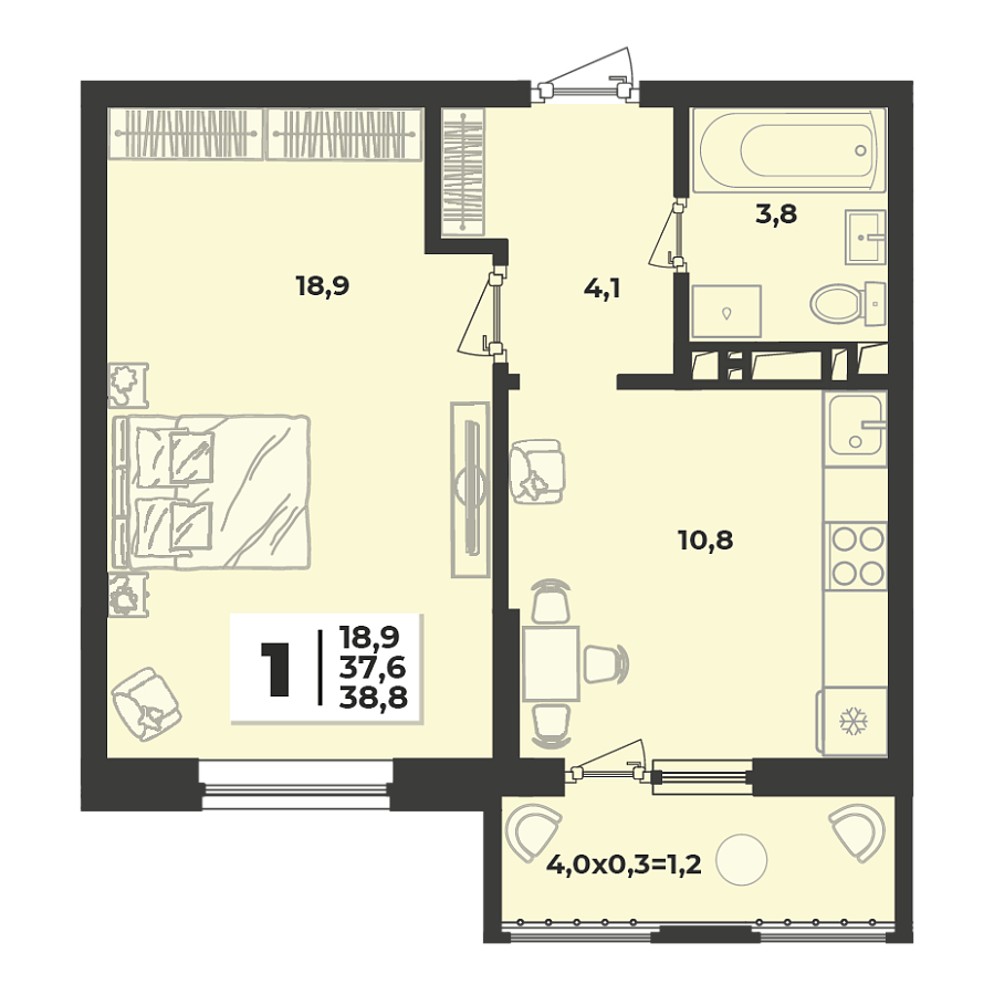 Планировка 1-комнатная, 38.8 м²