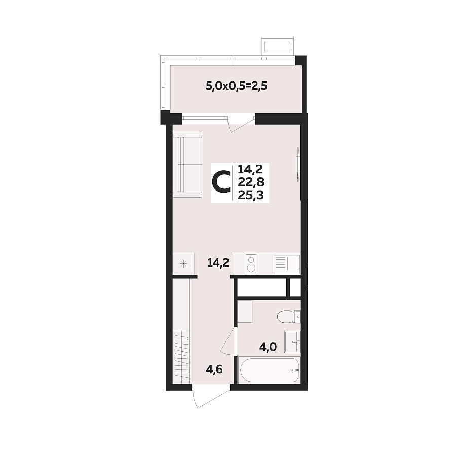 Планировка Студия, 25.3 м²