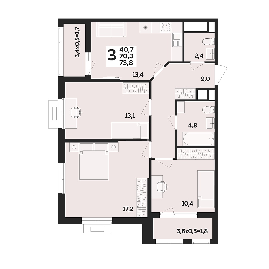 Планировка 3-комнатная, 73.8 м²
