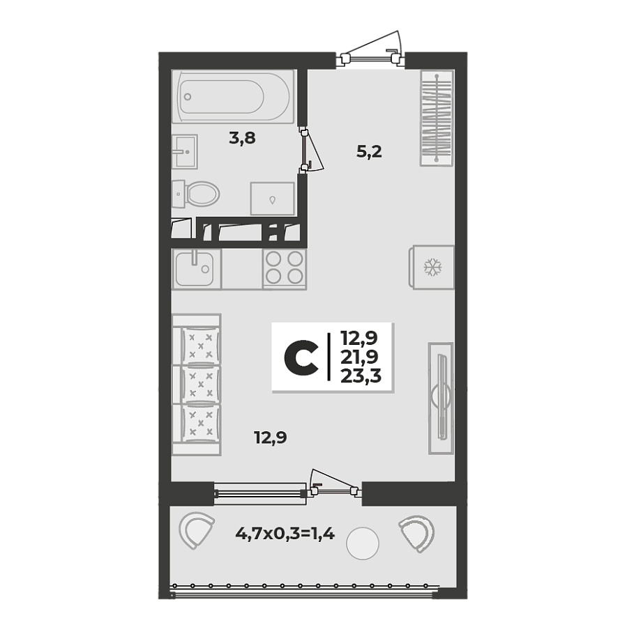 Планировка Студия, 23.3 м²