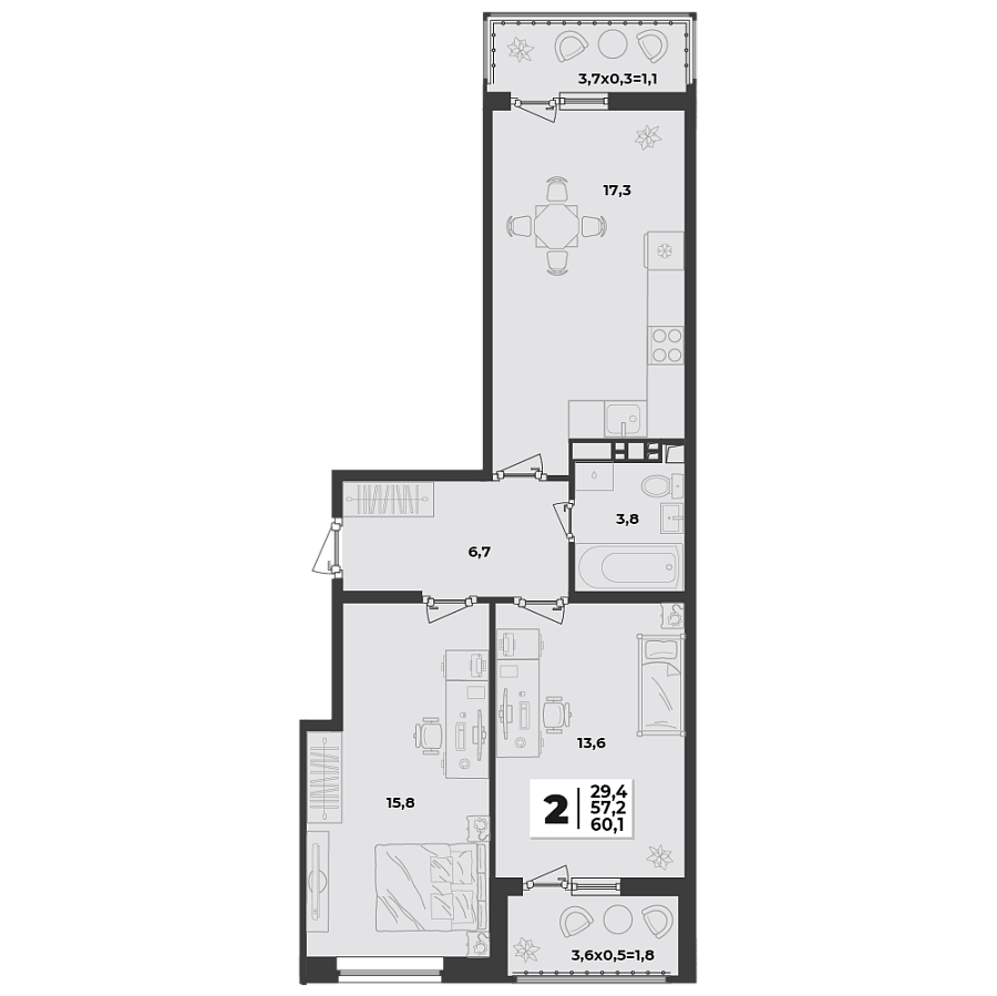 Планировка 2-комнатная, 60.1 м²