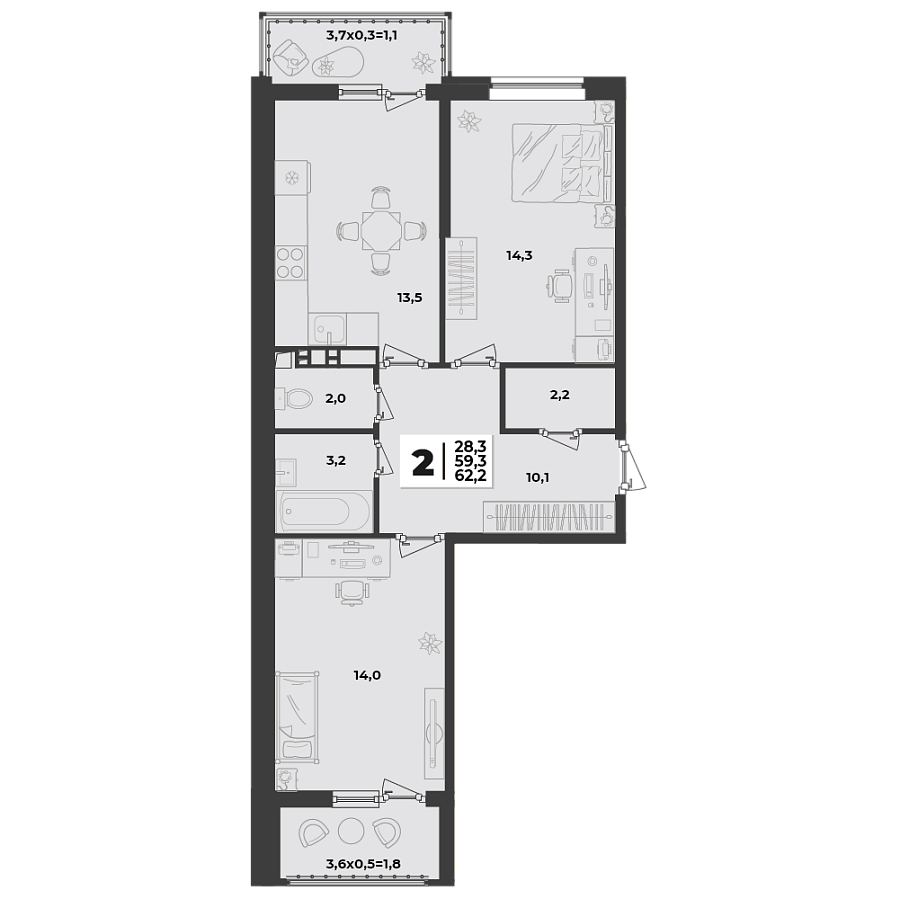 Планировка 2-комнатная, 62.2 м²