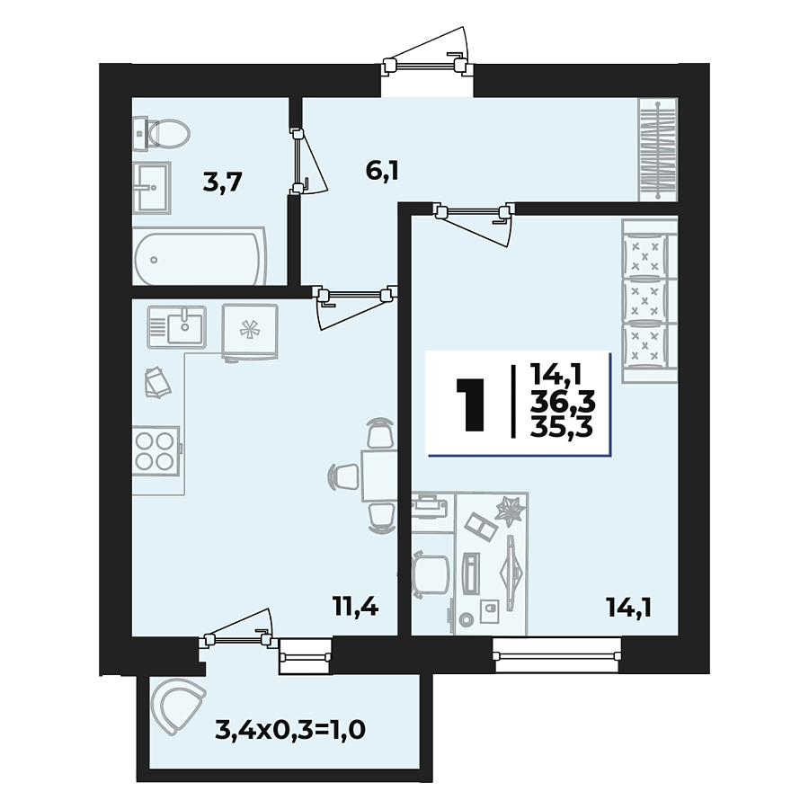 Планировка 1-комнатная, 36.1 м²