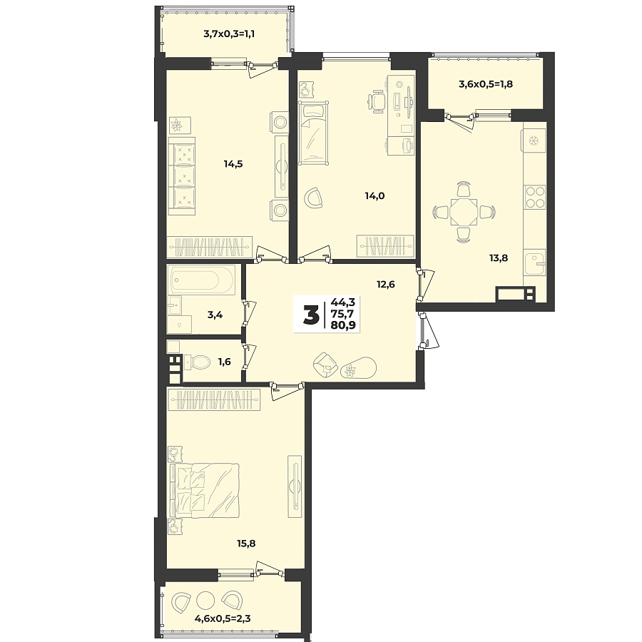 Планировка 3-комнатная, 80.9 м²