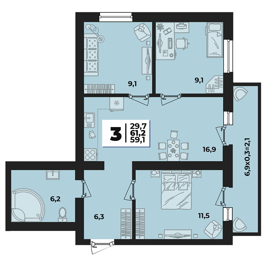Планировка 3-комнатная, 60.7 м²