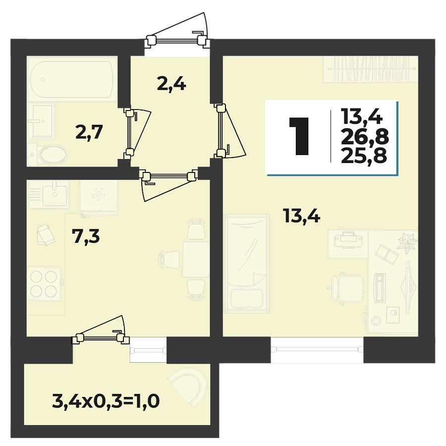 Планировка 1-комнатная, 26.8 м²