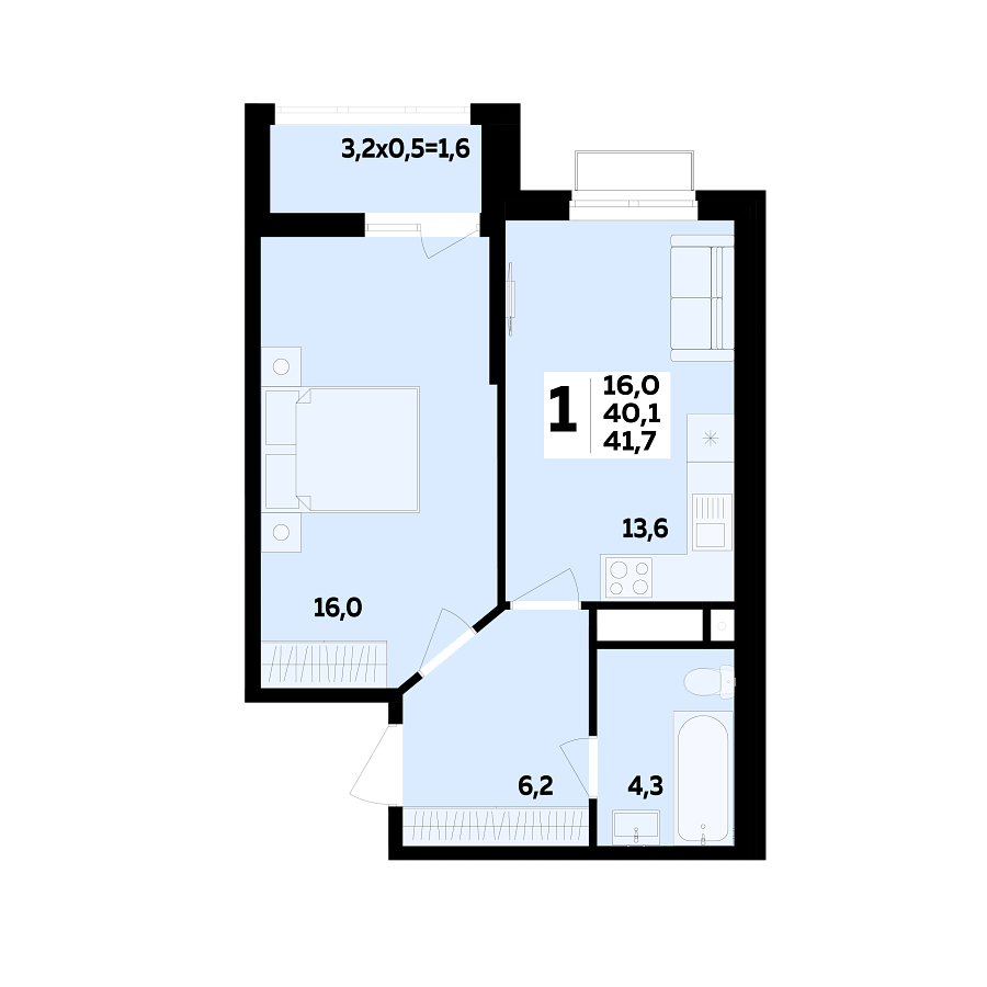 Планировка 1-комнатная, 41.7 м²