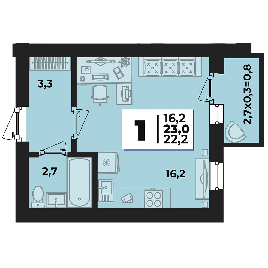 Планировка Студия, 22.5 м²