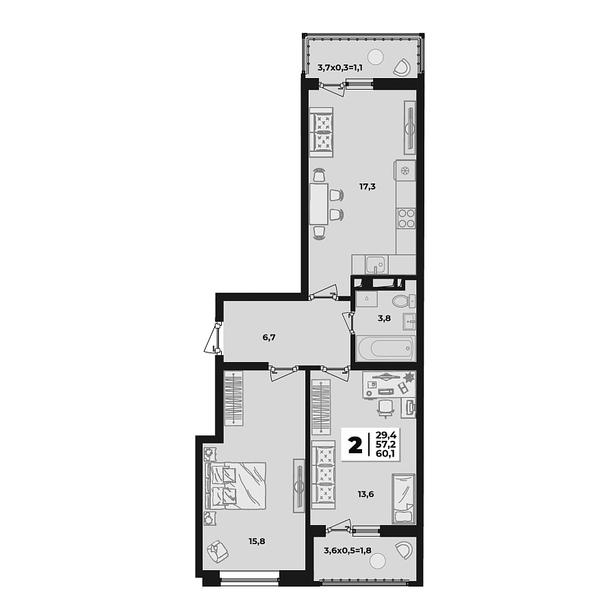 Планировка 2-комнатная, 60.1 м²