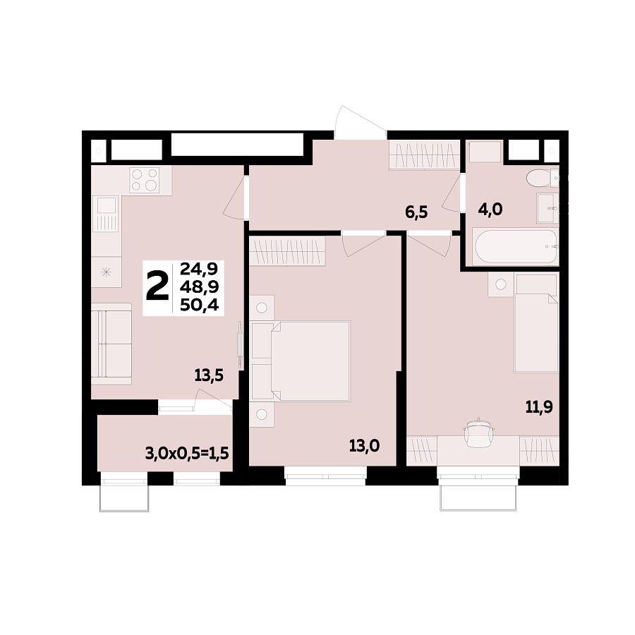 Планировка 2-комнатная, 50.4 м²