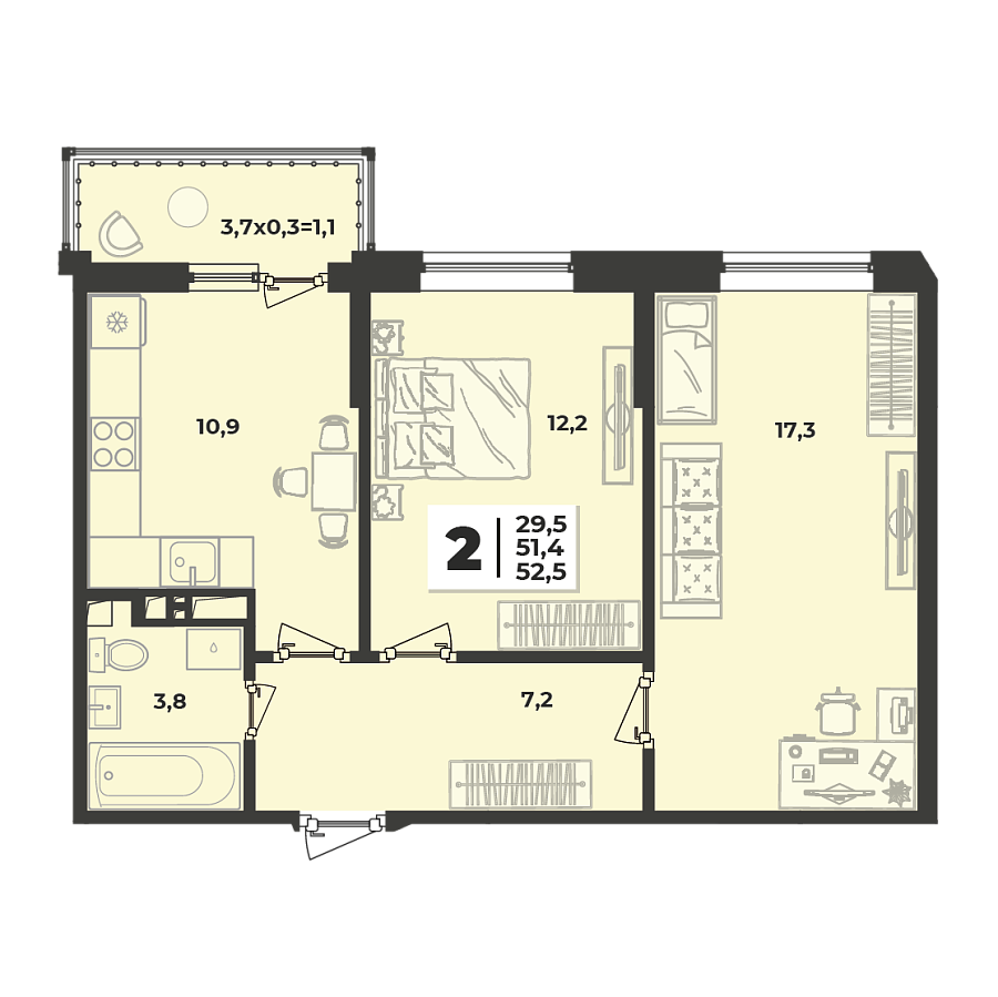 Планировка 2-комнатная, 52.5 м²