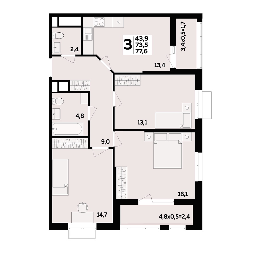 Планировка 3-комнатная, 77.6 м²
