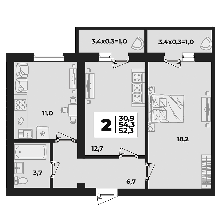 Планировка 2-комнатная, 54.3 м²