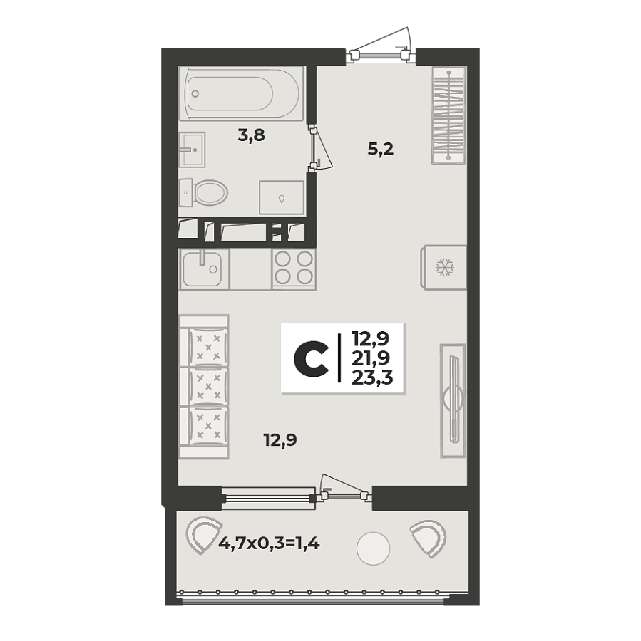 Планировка Студия, 23.3 м²