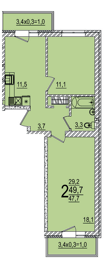 Планировка 2-комнатная, 50 м²