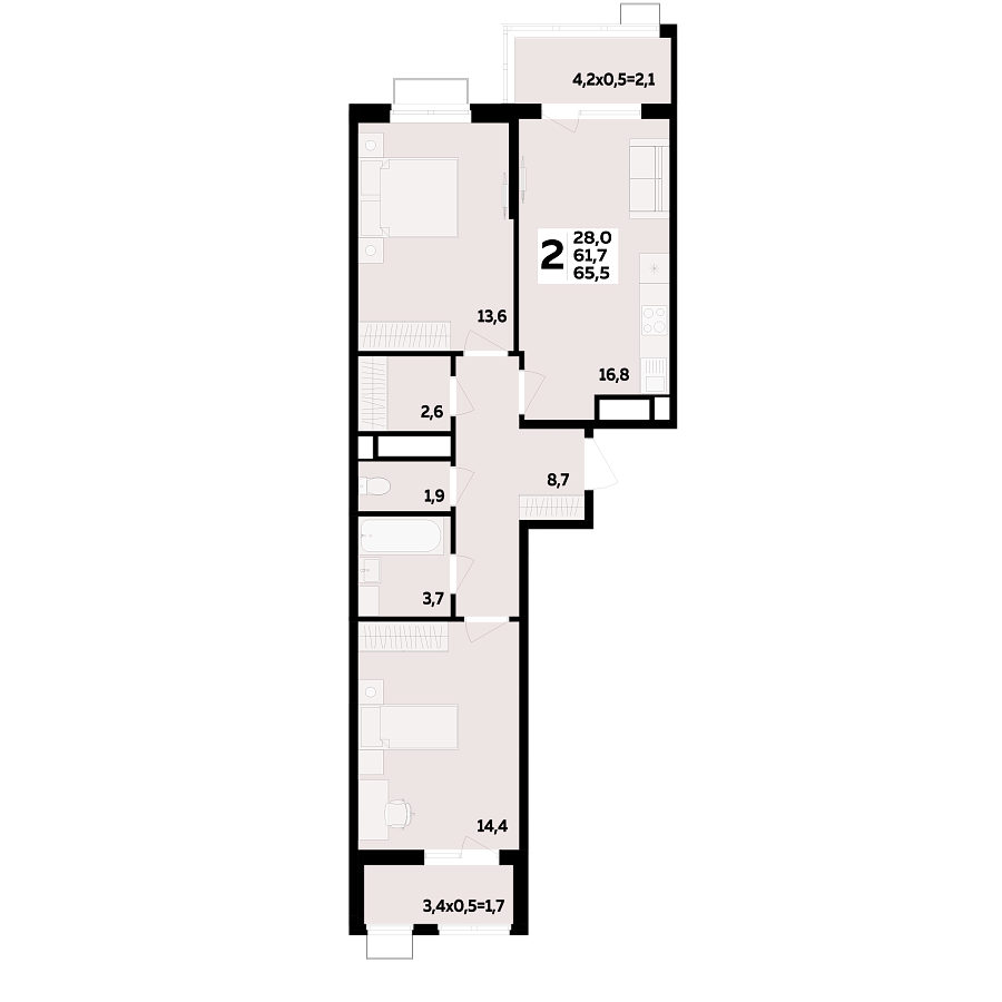 Планировка 2-комнатная, 65.5 м²