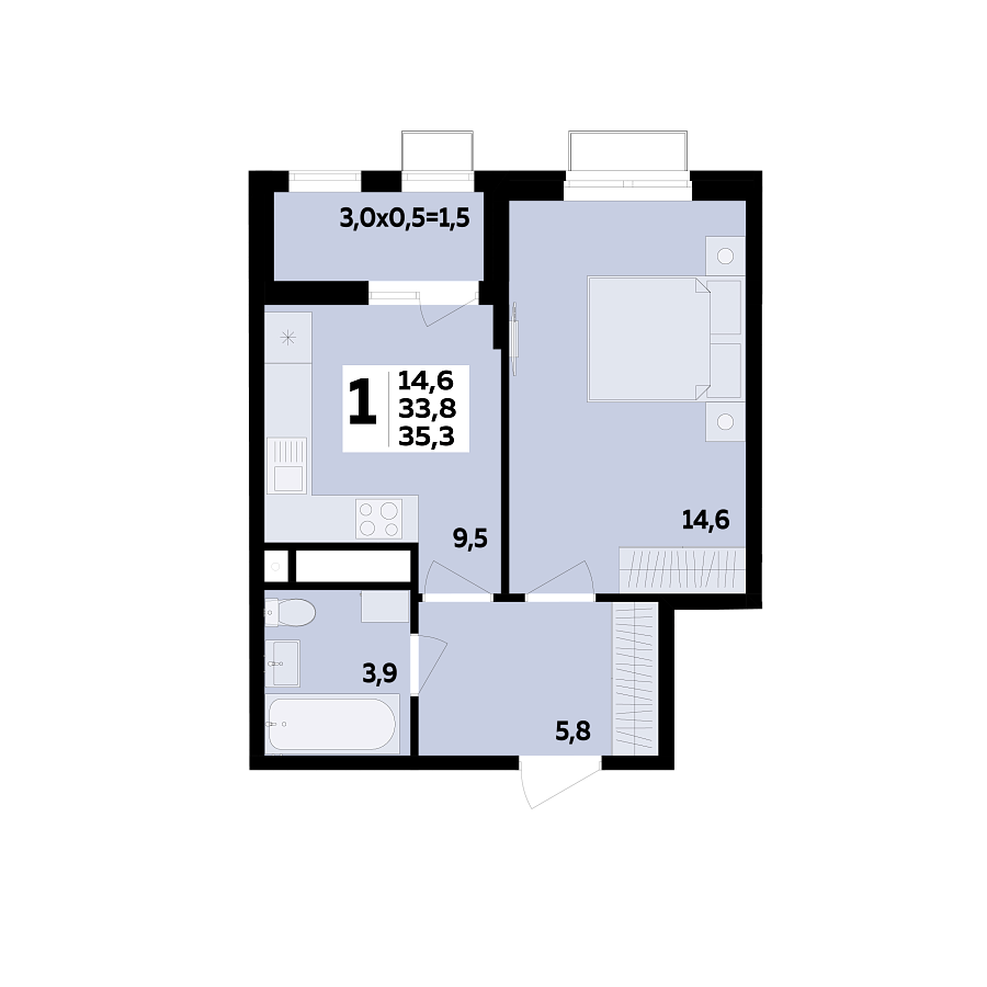 Планировка 1-комнатная, 35.3 м²