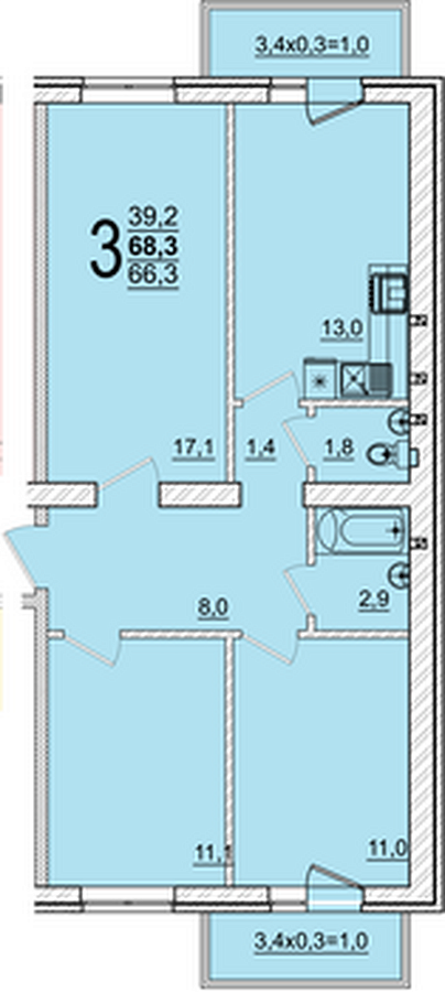 Планировка 3-комнатная, 68.3 м²