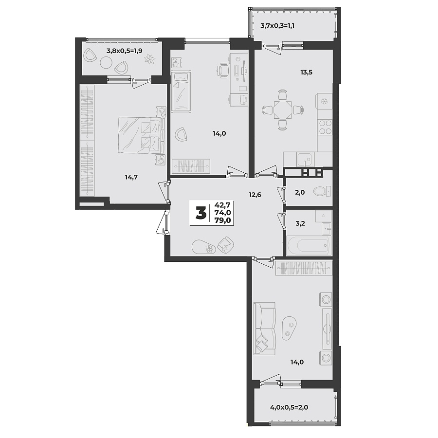 Планировка 3-комнатная, 79 м²