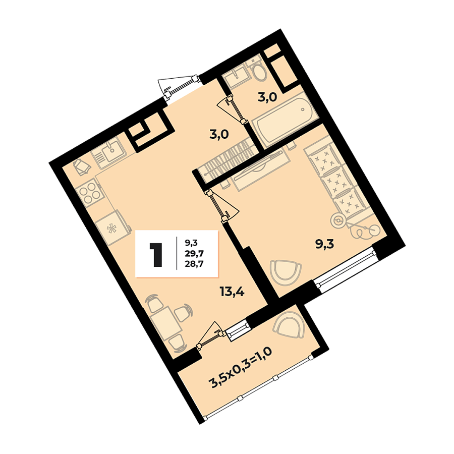 Планировка 1-комнатная, 29.7 м²