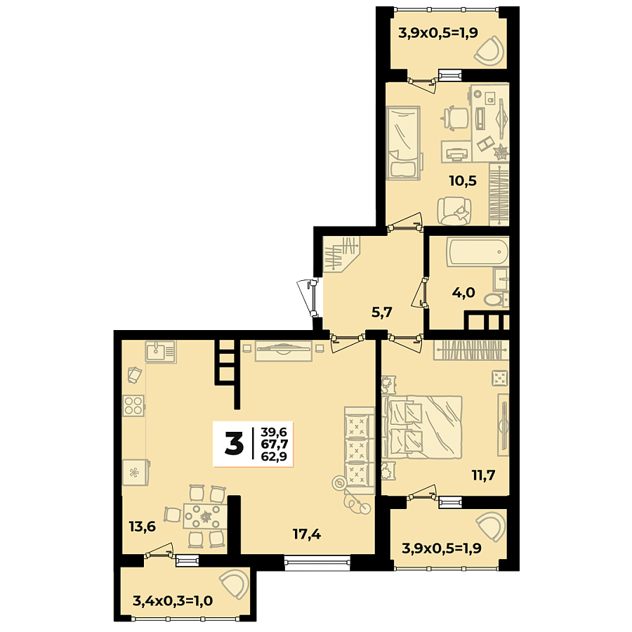 Планировка 3-комнатная, 67.7 м²