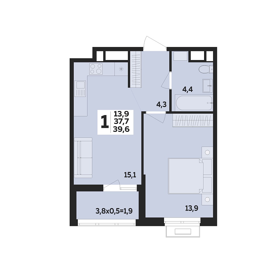 Планировка 1-комнатная, 39.6 м²