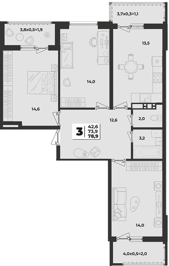 Планировка 3-комнатная, 78.9 м²