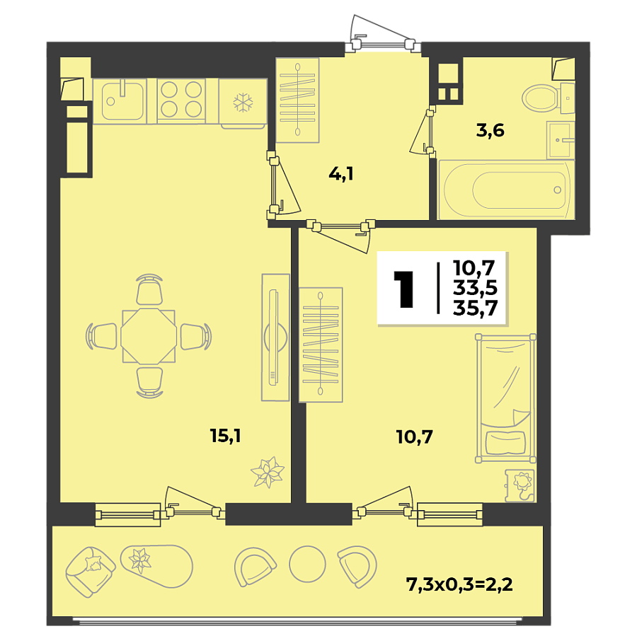 Планировка 1-комнатная, 35.7 м²