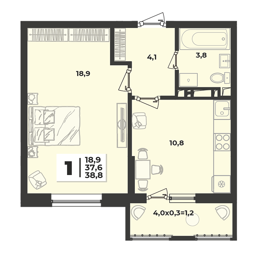 Планировка 1-комнатная, 38.8 м²