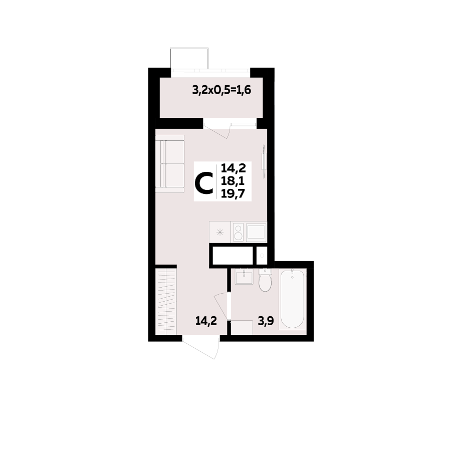Планировка Студия, 19.7 м²