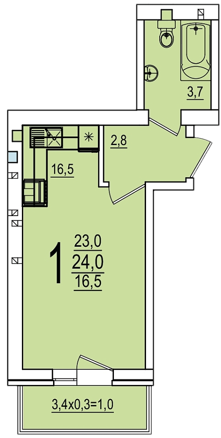 Планировка Студия, 24 м²