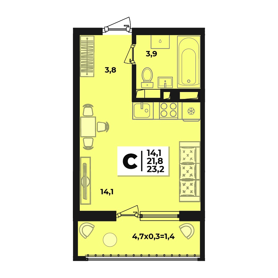 Планировка Студия, 23.2 м²