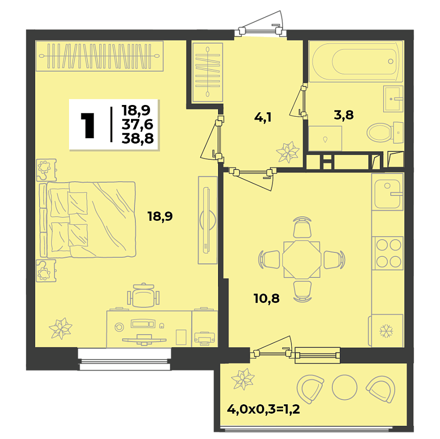 Планировка 1-комнатная, 38.8 м²