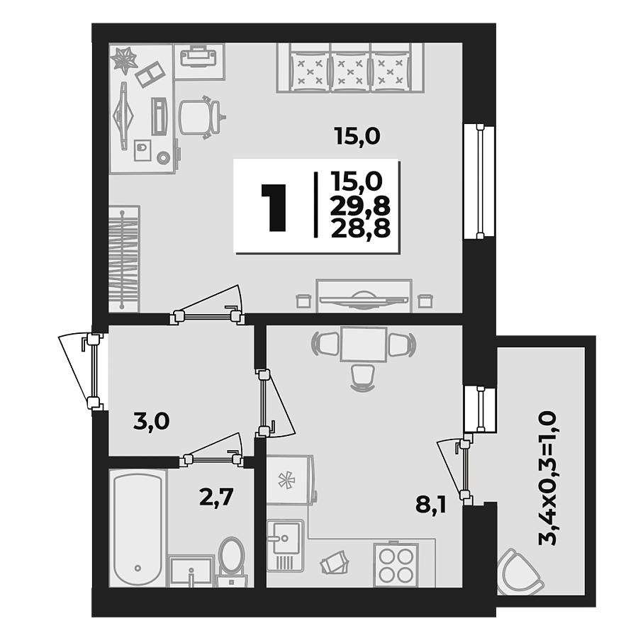 Планировка 1-комнатная, 29.8 м²